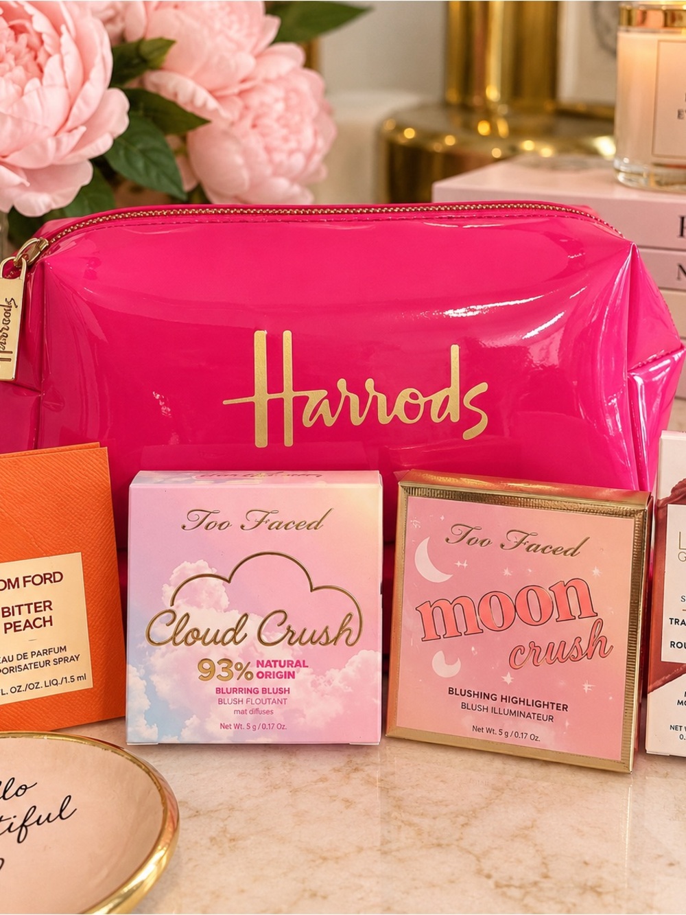 Harrods Bright Pink Glossy Makeup Pouch with beauty bundle